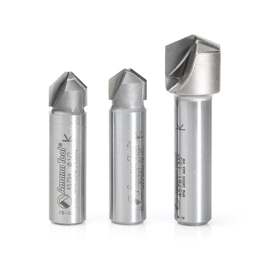 AMS-147 3-Pc. Carbide Tipped V Groove 90, 108 and 135 Degree Angles for Double Edge Folding Aluminum Composite Material (ACM) Panels 1/2 Inch Shank Router Bit Set