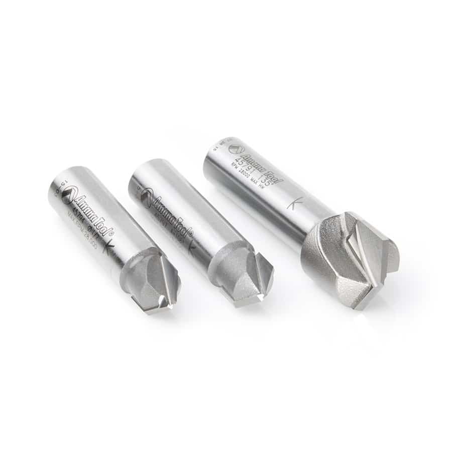AMS-147 3-Pc. Carbide Tipped V Groove 90, 108 and 135 Degree Angles for Double Edge Folding Aluminum Composite Material (ACM) Panels 1/2 Inch Shank Router Bit Set