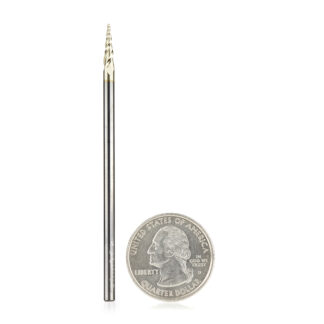 46291 CNC 2D and 3D Carving 6.2 Deg Tapered Angle Ball Tip x 1/32 Dia x 1/64 Radius x 0.445  x 1/8 Shank x 3 Inch Long x 3 Flute Solid Carbide Up-Cut Spiral ZrN Coated Router Bit