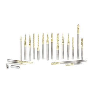 AMS-143 18-Pc Solid Carbide Up-Cut Spiral Tapered, 2D/3D, Carving & Lettering ZrN Coated Advanced CNC Router Bit Collection, 1/8 & 1/4 Inch Shank