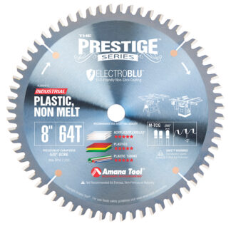 LB86401C Electro-Blu™ Carbide Tipped Non-Melt Plastic 8 Inch Dia x 64T M-TCG, -2 Deg, 5/8 Bore, Non-Stick Coated