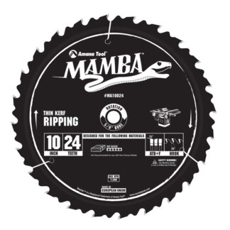 MA10024 Carbide Tipped Thin Kerf Ripping Mamba Contractor Series 10 Inch Dia x 24T, ATB+F, 20 Deg, 5/8 Bore Circular Saw Blade
