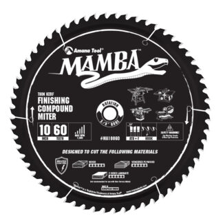MA10060 Carbide Tipped Thin Kerf Finishing Compound Miter Mamba Contractor Series 10 Inch Dia x 60T, ATB+F, 8 Deg, 5/8 Bore Circular Saw Blade