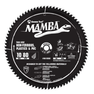 MA10080 Carbide Tipped Thin Kerf Non-Ferrous, Plastic & PVC Mamba Contractor Series 10 Inch Dia x 80T, TCG, -6 Deg, 5/8 Bore Circular Saw Blade