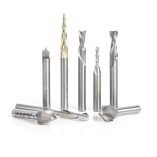 AMS-177 8-Pc CNC Router Bit Collection featuring V-Grooves, Point Roundover and Multi-Purpose Bits, 1/4 Inch Shank