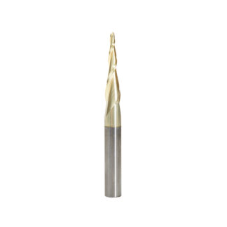 46252 CNC 2D and 3D Carving 5.5 Deg Tapered Angle Ball Tip x 1/16 Dia x 1/32 Radius x 1 x 1/4 Shank x 2-23/64 Inch Long x 2 Flute Solid Carbide Up-Cut Spiral ZrN Coated Router Bit