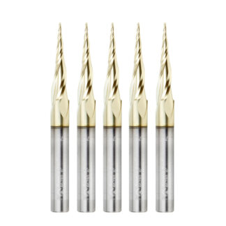 46280-5, 5-Pack CNC 2D and 3D Carving 6.2 Deg Tapered Angle Ball Tip x 1/32 Dia x 1/64 Radius x 1 x 1/4 Shank x 3 Inch Long x 3 Flute Solid Carbide Up-Cut Spiral ZrN Coated Router Bits