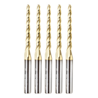 46284-5, 5-Pack CNC 2D and 3D Carving 1 Deg Tapered Angle Ball Tip 1/8 Dia x 1/16 Radius x 1-1/2 x 1/4 Shank x 3 Inch Long x 3 Flute Solid Carbide Up-Cut Spiral ZrN Coated Router Bits