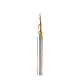 46473 CNC 2D and 3D Carving 6.2 Deg Tapered Angle Ball Tip x 0.5mm Dia x 0.25mm Radius x 26.5mm x 6mm Shank x 75mm Long x 3 Flute Up-Cut Spiral Solid Carbide ZrN Coated