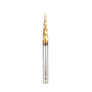 HSS1303-M CNC 2D and 3D Carving 5.1 Deg Tapered Angle Ball Tip x 1.5mm Dia x 0.75mm Radius x 26mm x 6mm Shank x 76mm Long x 3 Flute High Speed Steel (HSS) Up-Cut Spiral ZrN Coated Router Bit