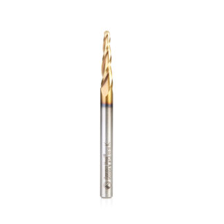HSS1304-M CNC 2D and 3D Carving 3.5 Deg Tapered Angle Ball Tip x 3mm Dia x 1.5mm Radius x 26mm x 6mm Shank x 76mm Long x 3 Flute High Speed Steel (HSS) Up-Cut Spiral ZrN Coated Router Bit