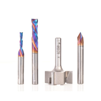 AMS-263 4-Pc CNC Solid Carbide and Carbide Tipped Simulated MDF Shaker Door Router Bit Pack, 1/4 Inch Shank