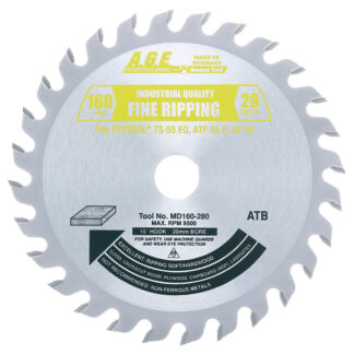 MD160-280 Carbide Tipped Saw Blade for Festool® and Other Track Saw Machines  160mm Dia x 28T ATB  15 Deg  20mm Bore  General Purpose Circular Saw Blade  Fits TS 55 EQ  ATF 55 E  AP 55