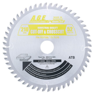 MD210-523 Carbide Tipped Saw Blade for Festool® and Other Track Saw Machines  210mm Dia x 52T ATB  5 Deg  30mm Bore  Fine Crosscut in Sheet Goods  Melamine Circular Saw Blade  Fits TS 75 EQ