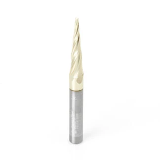 46282 CNC 2D and 3D Carving 5.4 Deg Tapered Angle Ball Tip 1/16 Dia x 1/32 Radius x 1 x 1/4 Shank x 3 Inch Long x 4 Flute Solid Carbide Up-Cut Spiral ZrN Coated Router Bit