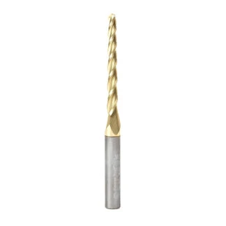 46284 CNC 2D and 3D Carving 1 Deg Tapered Angle Ball Tip 1/8 Dia x 1/16 Radius x 1-1/2 x 1/4 Shank x 3 Inch Long x 3 Flute Solid Carbide Up-Cut Spiral ZrN Coated Router Bit