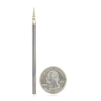 46291 CNC 2D and 3D Carving 6.2 Deg Tapered Angle Ball Tip x 1/32 Dia x 1/64 Radius x 0.445 x 1/8 Shank x 3 Inch Long x 3 Flute Solid Carbide Up-Cut Spiral ZrN Coated Router Bit