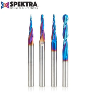AMS-148-K 4-Pc Solid Carbide Up-Cut Spiral 2D/3D Carving Ball Nose Spektra™ Extreme Tool Life Coated CNC Router Bit Set, 1/4 Inch Shank, Includes 1/32, 1/16, 1/8 & 1/4 Diameters.