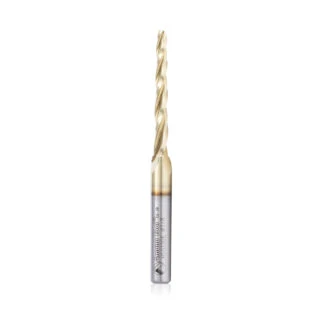 HSS1306 CNC 2D and 3D Carving 1.0 Deg Tapered Angle Ball Tip x 1/8 Dia x 1/16 Radius x 1-1/2 x 1/4 Shank x 3 Inch Long x 3 Flute High Speed Steel (HSS) Up-Cut Spiral ZrN Coated Router Bit