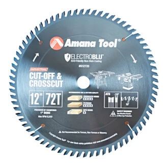 612720C Electro-Blu™ Carbide Tipped Cut-Off and Crosscut 12 Inch Dia x 72T ATB, 10 Deg, 1 Inch Bore, Non-Stick Coated