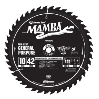 MA10042 Carbide Tipped Thin Kerf General Purpose Mamba Contractor Series 10 Inch Dia x 42T, ATB+F, 15 Deg, 5/8 Bore Circular Saw Blade