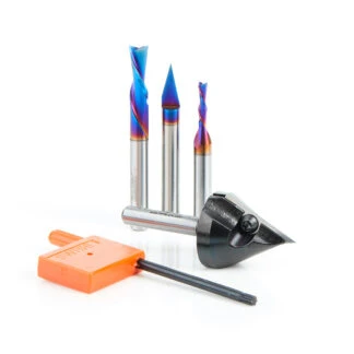 AMS-153 3-Pc 3D CNC Signmaking, Lettering & Engraving Insert Solid Carbide 45, 60 & 90 Degree V-Groove Router Bit Pack, 1/4 Inch Shank