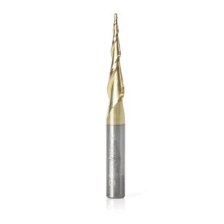 46256 CNC 2D and 3D Carving 5.4 Deg Tapered Angle Ball Tip x 1mm Dia x 0.5mm Radius x 1-7/64 x 1/4 Shank x 2-23/64 Inch Long x 2 Flute Solid Carbide Up-Cut Spiral ZrN Coated Router Bit