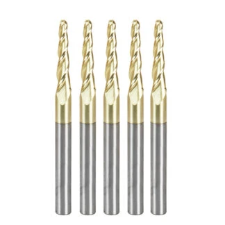 46286-5, 5-Pack CNC 2D and 3D Carving 3.6 Deg Tapered Angle Ball Tip 1/8 Dia x 1/16 Radius x 1 x 1/4 Shank x 3 Inch Long x 3 Flute Solid Carbide Up-Cut Spiral ZrN Coated Router Bits