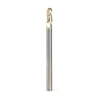 46496 Extra Long CNC 2D and 3D Carving Ball Nose 0.10 Deg Straight Angle x 1/2 Dia x 1/4 Radius x 1-1/4 x 1/2 Shank x 7 Inch Long x 3 Flute Solid Carbide ZrN Coated Reduced Shank Router Bit