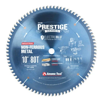 Electro-Blu™ Carbide Tipped Prestige™ Aluminum and Non-Ferrous Metals 10 Inch Dia x 80T TCG, -6 Deg, 5/8 Bore, Non-Stick Coated