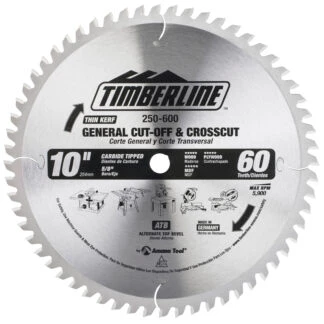 250-600 Carbide Tipped General Purpose & Finishing 10 Inch Dia x 60T ATB 0 Deg 5/8 Bore packed in an Industrial Box