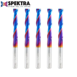46577-K-5 5-Pack CNC 2D and 3D Carving Flat Bottom 0.10 Deg Angle x 1/4 Dia x 1-1/2 x 1/4 Shank x 3 Inch Long x 2 Flute Solid Carbide Up-Cut Spiral Spektra™ Extreme Tool Life Coated Router Bit