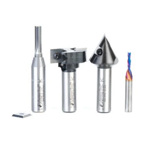 AMS-262 4-Pc CNC Solid and Insert Carbide Simulated MDF Shaker Door Router Bit Pack, 1/4 & 1/2 Inch Shank