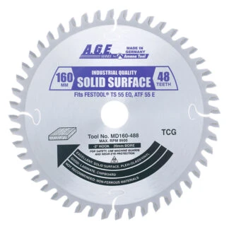 MD160-488 Carbide Tipped Saw Blade for Festool® and Other Track Saw Machines 160mm Dia x 48T M-TCG -2 Deg 20mm Bore Solid Surface/Laminate Circular Saw Blade Fits TS 55 EQ ATF 55 E AP 55